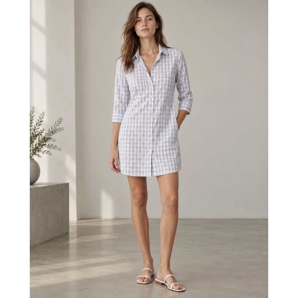 Theory Plaid Shirt Dress Size 4 Women’s Blue White Button Front 3/4 Sleeve